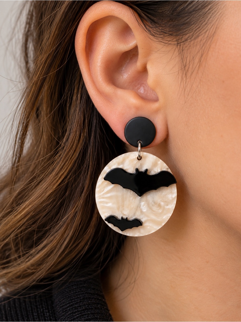 Black Bat & Moon Marbled Statement Acrylic Stud Earrings - Spooky Halloween New - Picture 2 of 3